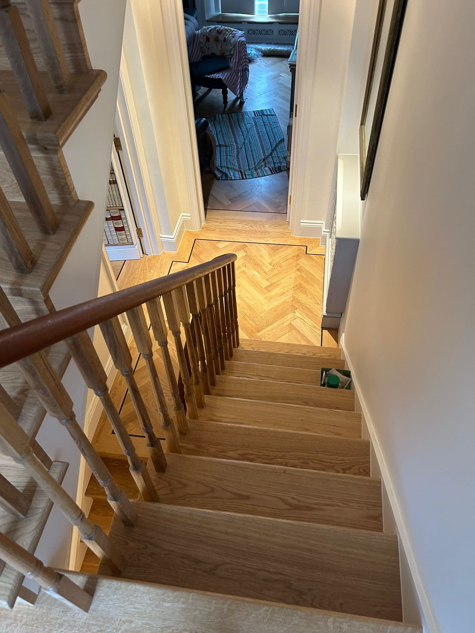 Oak staircase and parquet landing detail